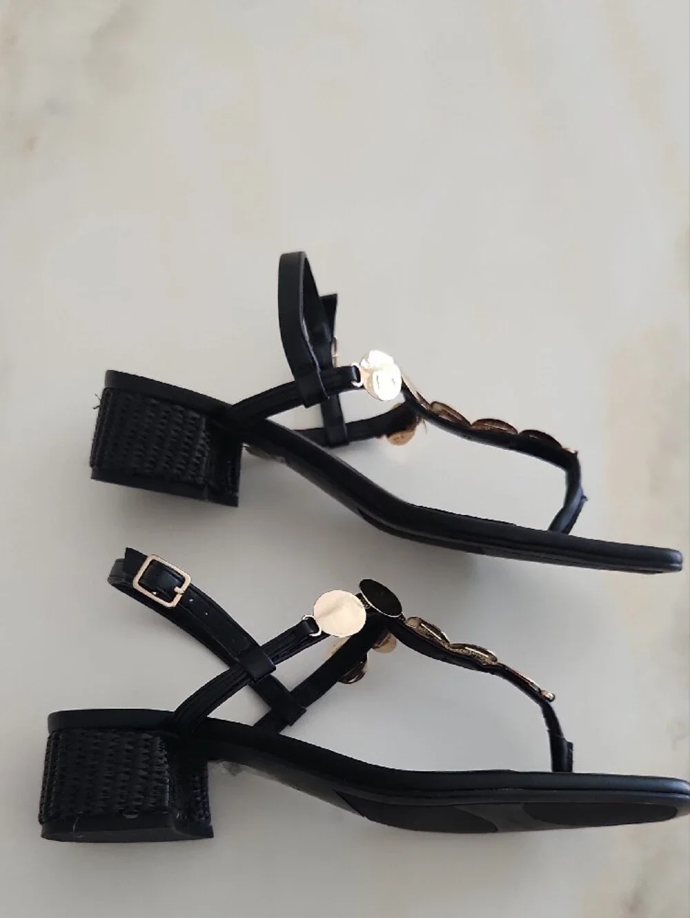 Marc Fisher Black Leather T-Strap Sandals with Hammered Gold Discs